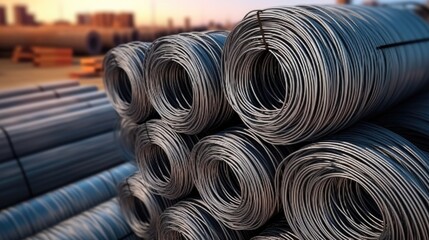 High carbon steel wire rods stacked for industrial use in construction and heavy industry applications with rolls visible on a site.