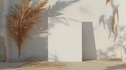 White invitation card mockup featuring dried grass decor on a beige table with shadows in a minimalist setting and 5x7 ratio design