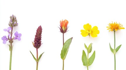 Diverse collection of wild campion flowers displayed individually on a clean white background showcasing nature's vibrant colors and forms