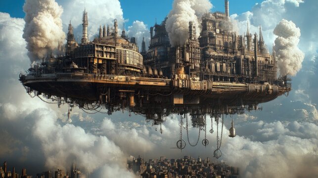 Floating steampunk city, smoky clouds, futuristic cityscape.