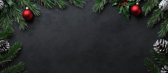 Christmas and New Year festive decorations on dark background with pine branches ornaments and cones arranged from above