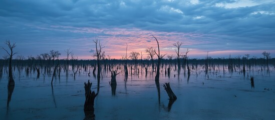 Serene sunrise reflection on a tranquil lake showcasing a lifeless forest silhouetted against a vibrant cloudy sky