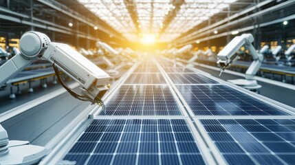 Fototapeta premium A futuristic scene featuring robotic arms working on solar panels in a bright, expansive facility filled with sunlight.