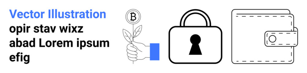 Obraz premium Hand holding coin with a small plant growing, lock symbol representing security, and simple wallet icon. Ideal for financial growth, investment, security, savings, personal finance, banking