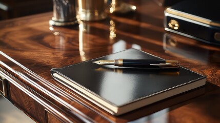 Obraz premium Luxury fountain pen rests on a closed leather notepad atop a polished wooden desk.