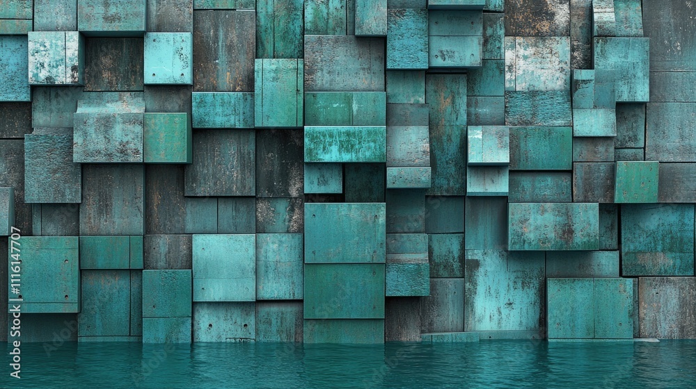 Poster textured teal concrete panels creating an abstract industrial backdrop with reflective water surface