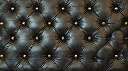 Fototapeta premium Elegant black leather upholstery featuring plush tufting and striking gold buttons for a luxurious decor accent.