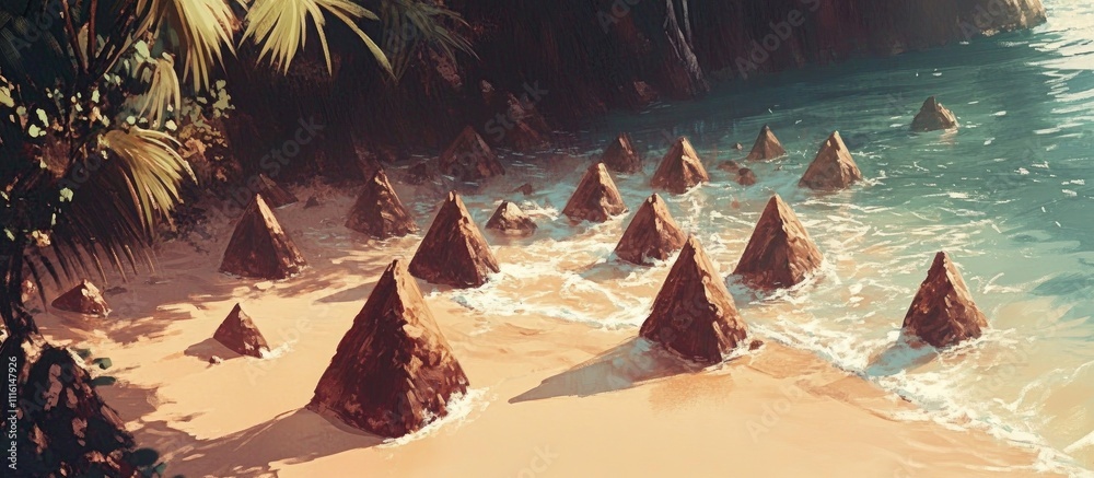 Leinwandbilder Serene afternoon beach view with rock formations creating wave breaks in tranquil waters