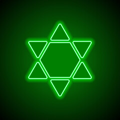 Shield of David simple icon vector. Flat design. Green neon on black background with green light