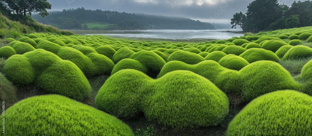 Aufkleber lush green moss field under a cloudy sky with serene water views in the background