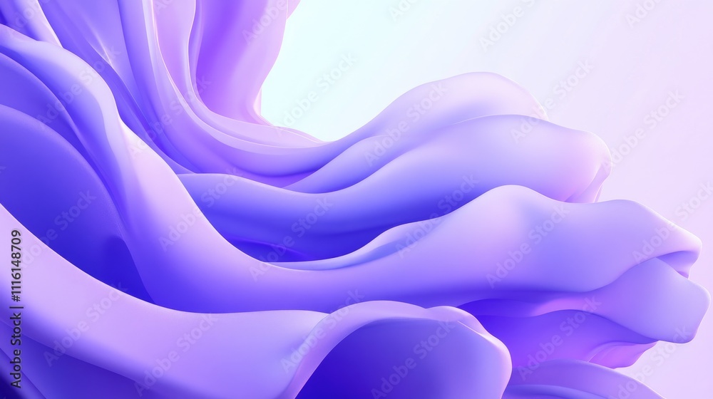 Poster Abstract flowing purple fabric texture on a soft white background creating a serene and elegant visual atmosphere.