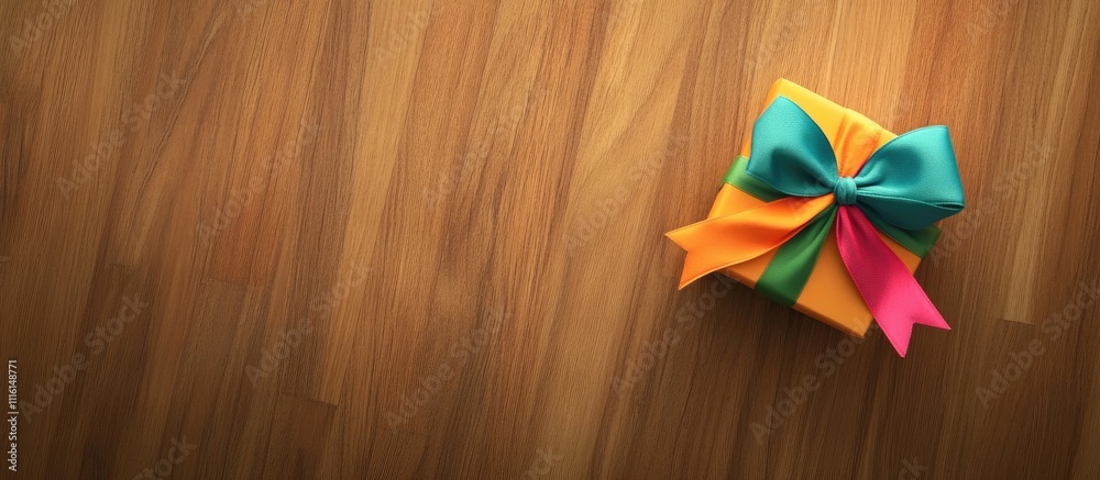 Aufkleber colorful gift box with vibrant bow on wooden table overhead view with ample space for branding or de