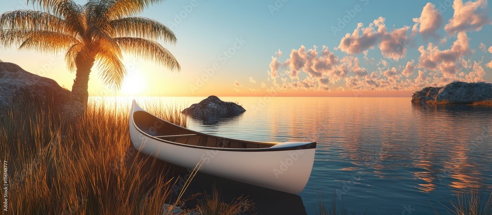 Aufkleber serene sunset view with a white canoe resting by a palm tree near tranquil waters and golden grassla