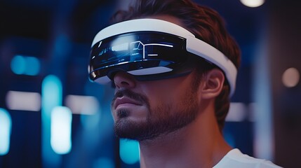 Man wearing VR headset, exploring virtual reality.