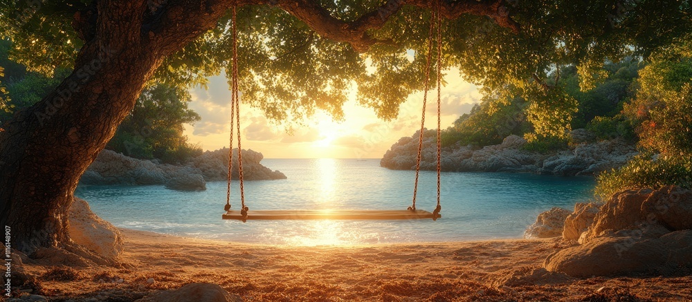 Poster tranquil beach swing under a tree at sunset creating a serene vacation atmosphere by the ocean with 