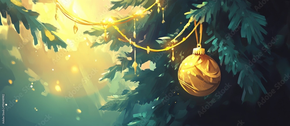 Poster golden christmas ornament on a fir tree with warm glowing lights creating a festive selective focus 