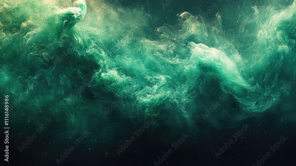 Poster Abstract green smoke waves swirling on a dark background creating a visually striking and aesthetically pleasing atmospheric design.