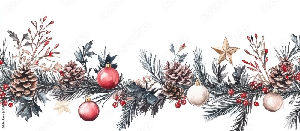 Poster festive christmas new year decorative frame with fir branches red and gold baubles pine cones and sp