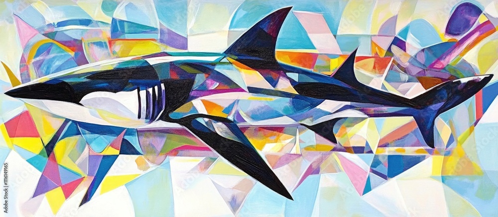 Aufkleber abstract shark artwork featuring bold colors and geometric shapes in a vibrant ocean-inspired settin