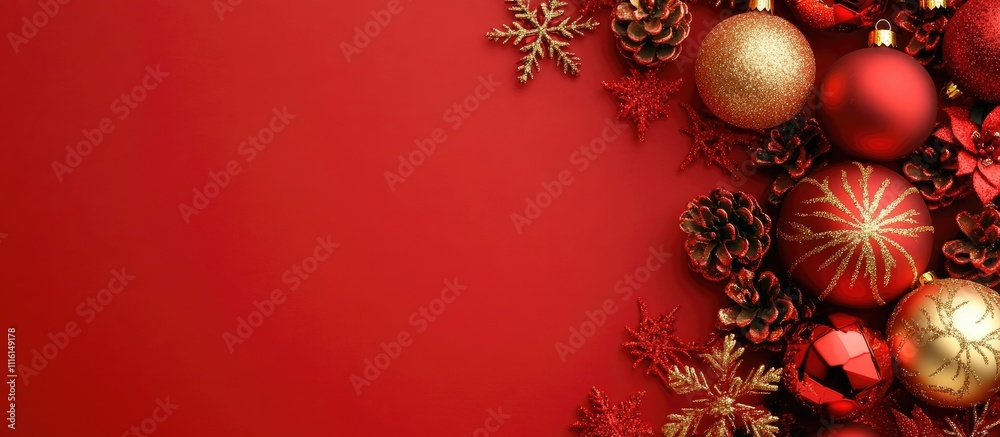Poster christmas ornaments and decorations on a vibrant red background with space for text and logo mockup 