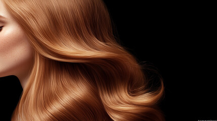 Fototapeta premium Stunning woman in profile with long, glossy, wavy hair, showcasing a beautiful curly hairstyle. Fashion, beauty, and makeup model.