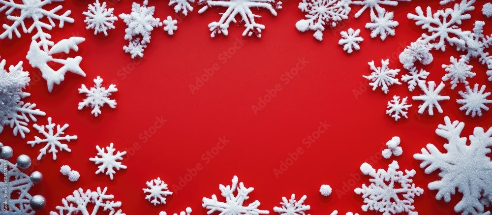 Poster Christmas snowflake frame on vibrant red background with ample copy space for holiday greetings or festive messages.
