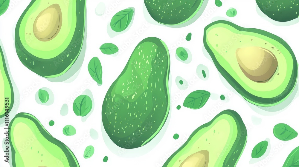 Poster abstract pattern featuring textured avocado slices and green leaves on a clean white background for 