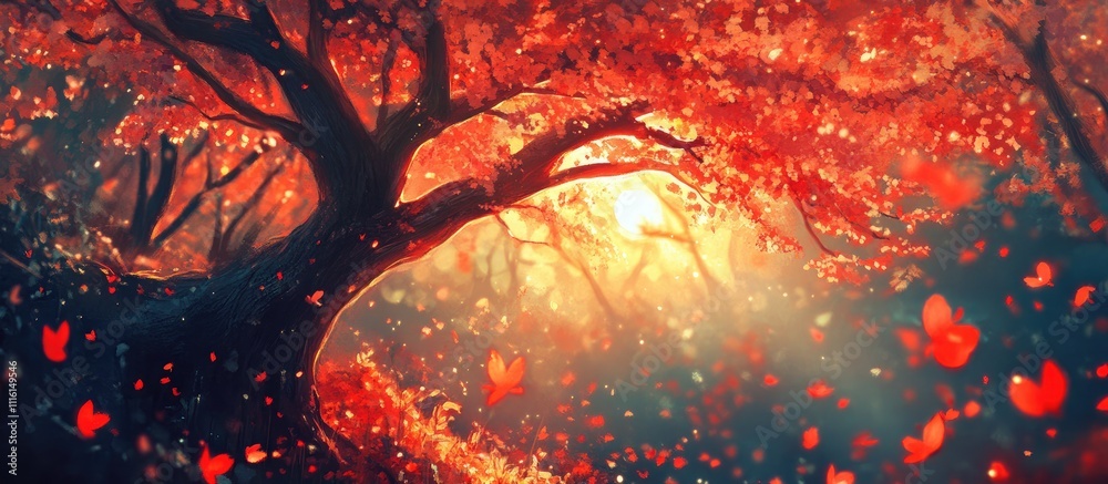 Poster enchanting cherry blossom tree illuminated by golden sunlight creating a magical atmosphere with flo