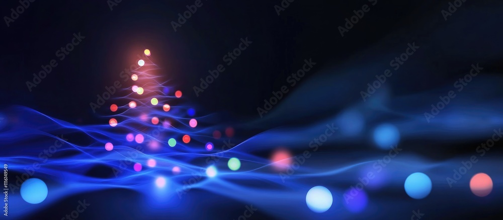 Poster Defocused abstract Christmas tree with colorful bokeh lights creating a festive holiday background in a dreamy blue atmosphere