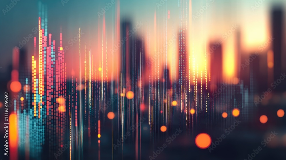 Poster Abstract holographic representation of wireless technology with vibrant data visualizations over a blurred urban cityscape background
