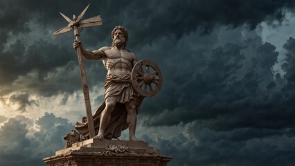 Statue of Aeolus, the god of winds, holding a windmill, standing at the center of a storm, surrounded by raging winds, with carvings depicting his magical control over the wind.