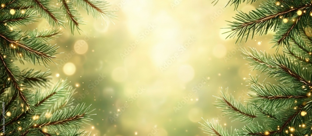 Poster Festive Christmas backdrop with pine branches and bokeh lights creating a warm, inviting atmosphere perfect for seasonal text and greetings.