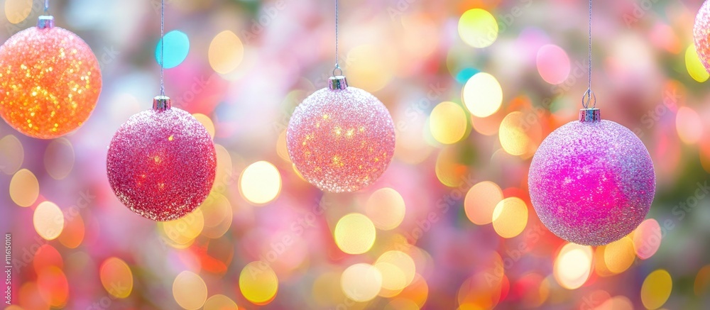 Poster Closeup of sparkling decorative ornaments hanging from a tree surrounded by colorful bokeh background lights for festive occasions