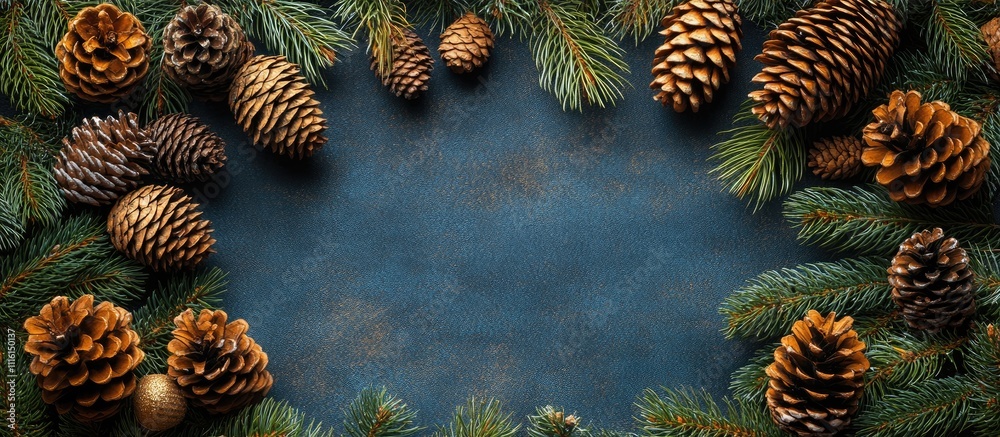 Aufkleber Christmas flat lay arrangement of pine branches and cones on textured mat background with empty space for festive holiday design elements.