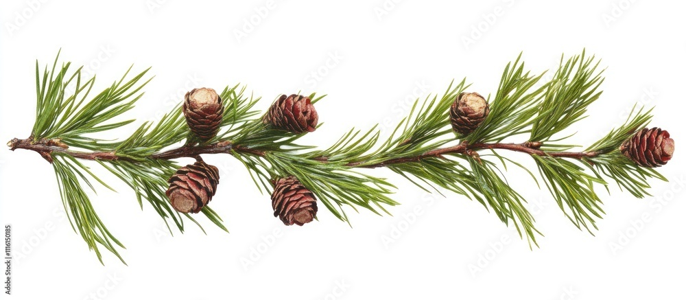 Poster christmas pine tree branch decorated with pine cones isolated on a white background for holiday them