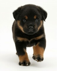 Fototapeta premium Beautiful and adorable large boltail dog lying on its four paws against a white background