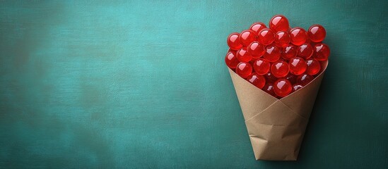 Obraz premium Paper cone bag filled with red glass ornaments on green textured background for festive greeting card design or decoration concepts.