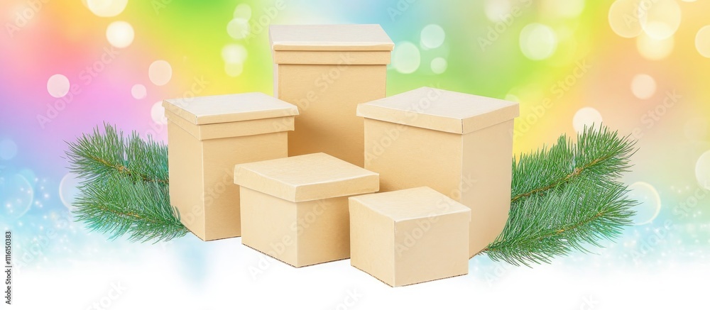 Poster cardboard gift boxes arranged with a fir branch on a vibrant rainbow bokeh background perfect for fe