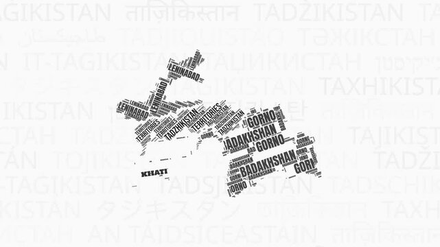 Tajikistan intro animation. Country with regions illustration video. Background with country names in various languages. Regions of Tajikistan animation.