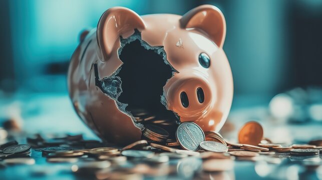 Broken piggy bank with coins scattered around, symbolizing financial struggle and the need for careful budgeting and saving.