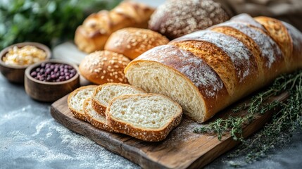 Naklejka premium Assorted fresh bread loaves and homemade pastries arranged on a wooden board with herbs, showcasing healthy vegetarian food options, culinary, baking, concept of freshness, food styling.