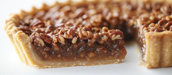 Delicious pecan pie with chocolate shortbread crust isolated on white showcasing a rich dessert perfect for celebrations and gatherings