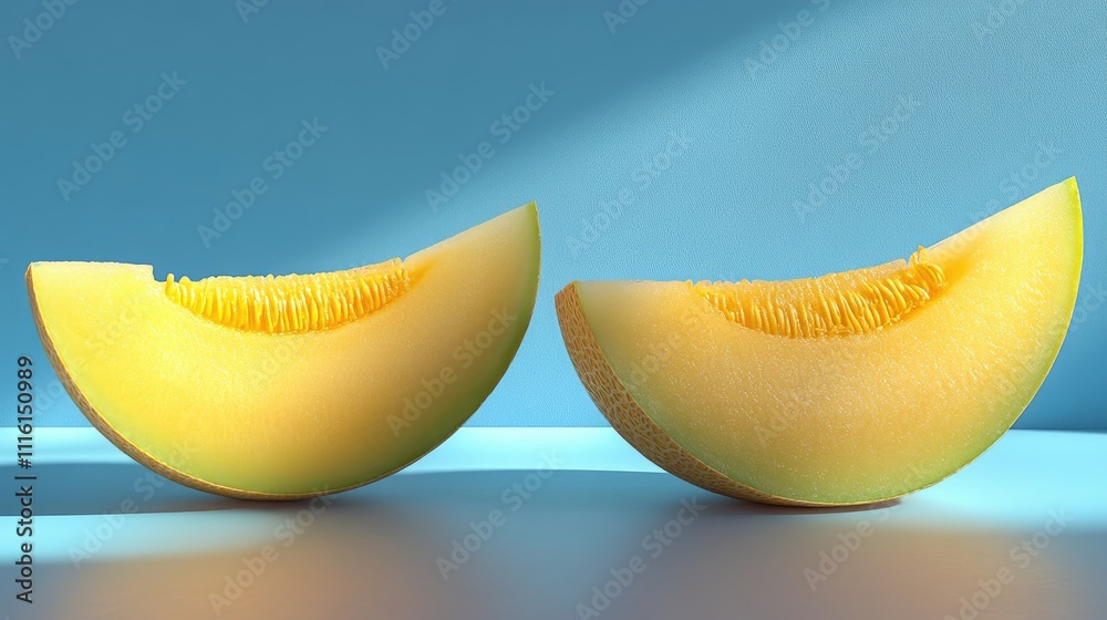 Poster vibrant honeydew melon halves displayed on a blue background showcasing fresh texture and color in a