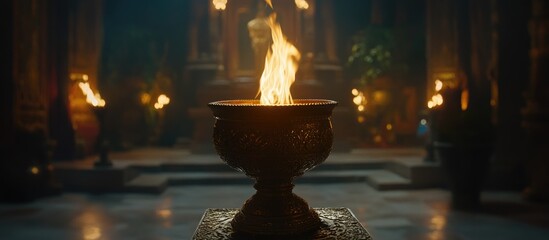 Close-up of flickering flames in an ornate brazier illuminating a dimly lit ancient temple interior with a spiritual ambiance