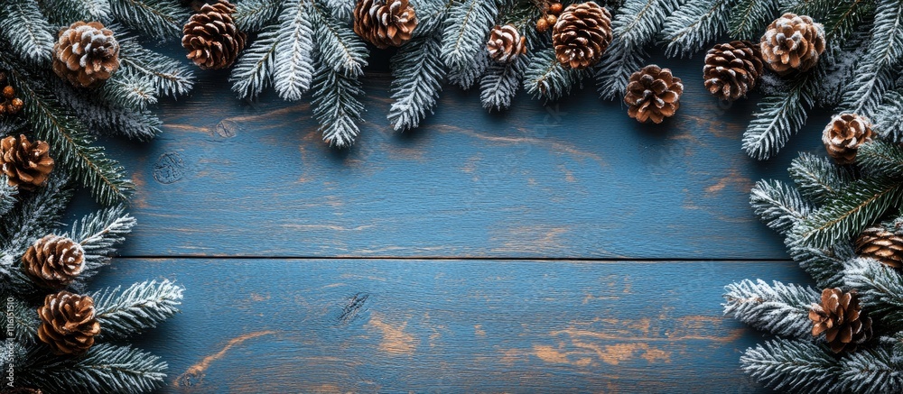 Poster festive christmas background with pine cones and fir branches on a rustic wooden surface ideal for h
