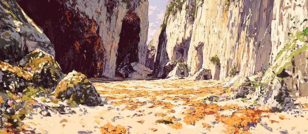 Poster serene beach landscape at dusk with cliffs and colorful flora in a tranquil natural setting