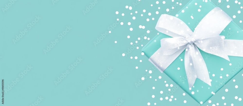 Poster gift box with white ribbon on blue background adorned with white dots empty space for text in mockup