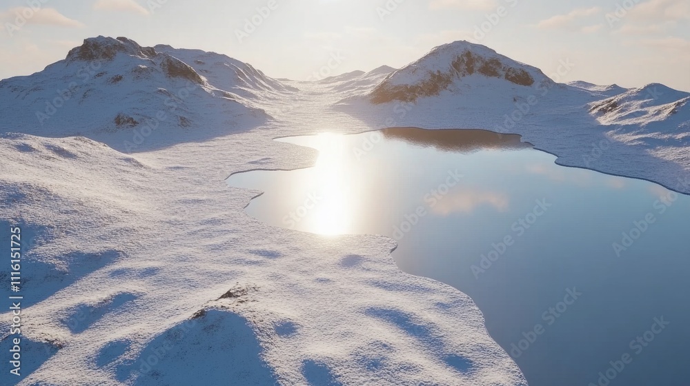 Poster aerial view of a serene snowy glacier with a reflective lake surrounded by mountains under a clear s