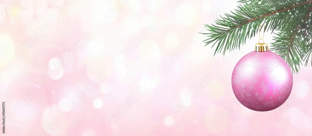 Poster Festive Christmas backdrop with fir tree branch adorned with pink ornaments and soft bokeh lighting effect for seasonal decoration.