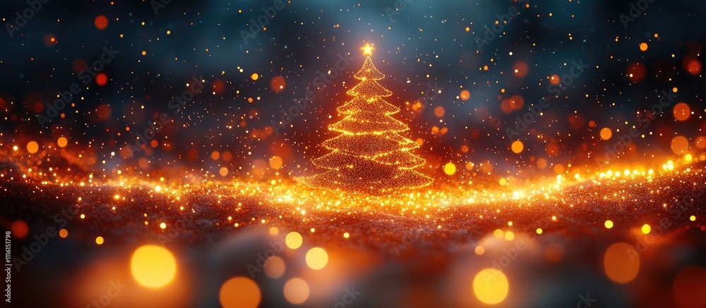 Poster Christmas tree illuminated with festive lights creating an enchanting abstract background perfect for holiday celebrations and seasonal decorations